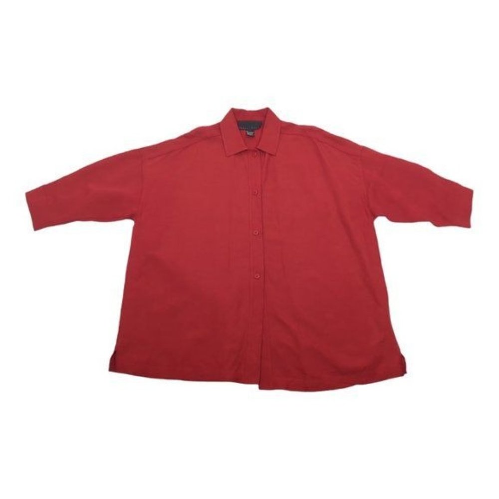 YANSI FUGE Linen Blend Drop Shoulder 3/4 sleeve Red Button-up Top Size L…
